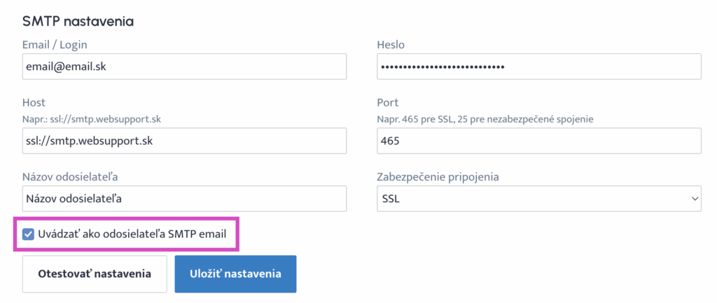Uvádzať ako odosielateľa SMTP e-mail